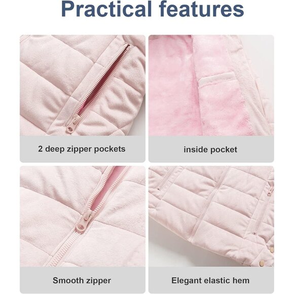 Women's Pink Velvet Puffer Jackets Coat Faux Fur Lining Winter Removable Hood - Picture 7 of 7